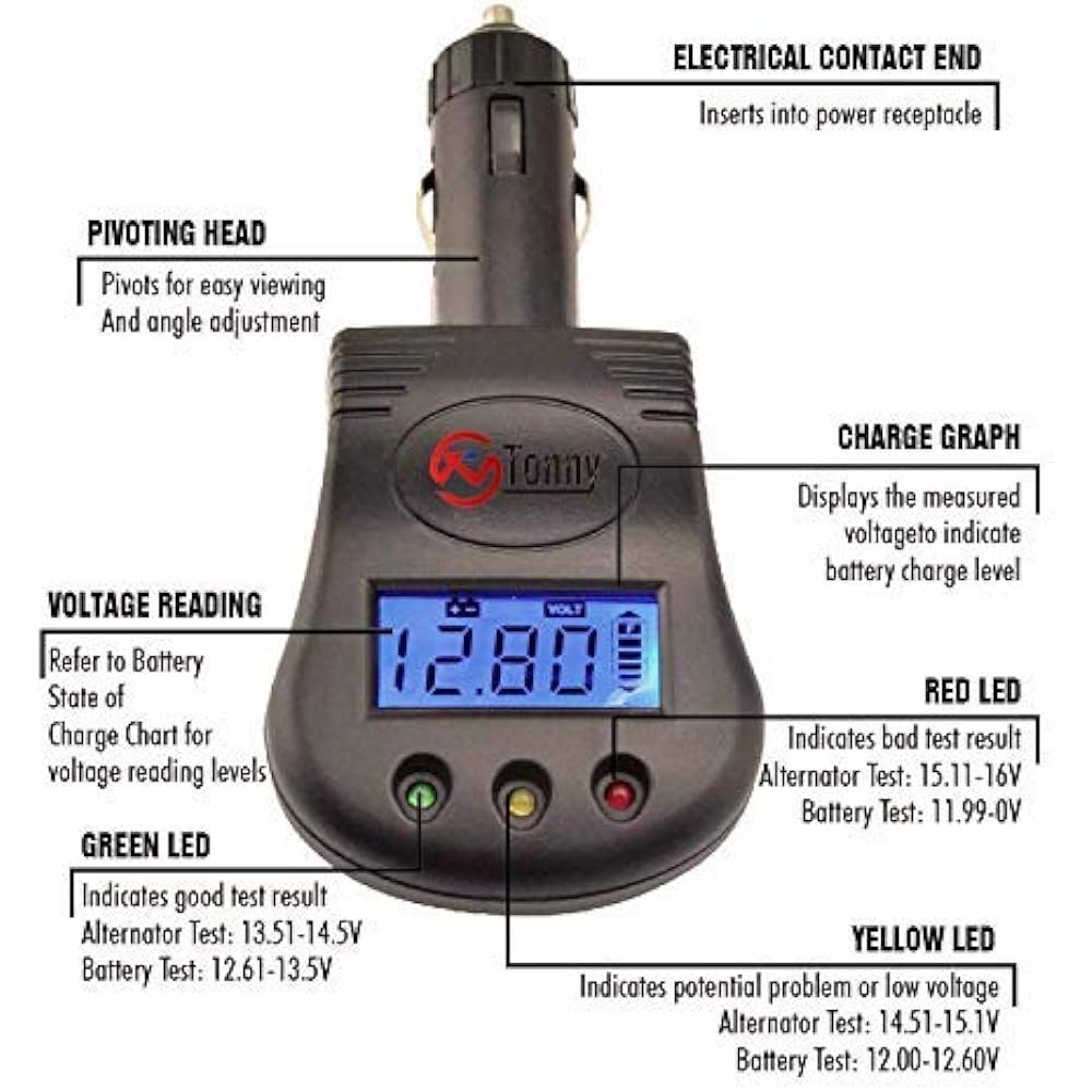 12V plug -in car battery, charging system tester, battery status and alternator charging (LCD display)