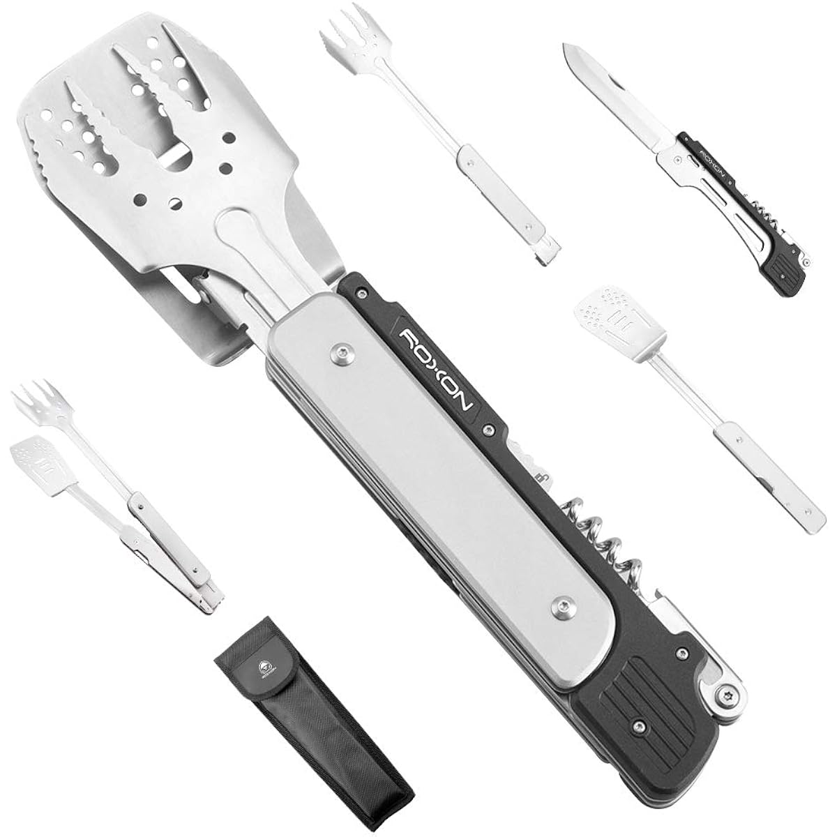 ROXON 6-in-1 multi-functional disassembleable foldable barbecue set, compact special equipment for garden and outdoor barbecue