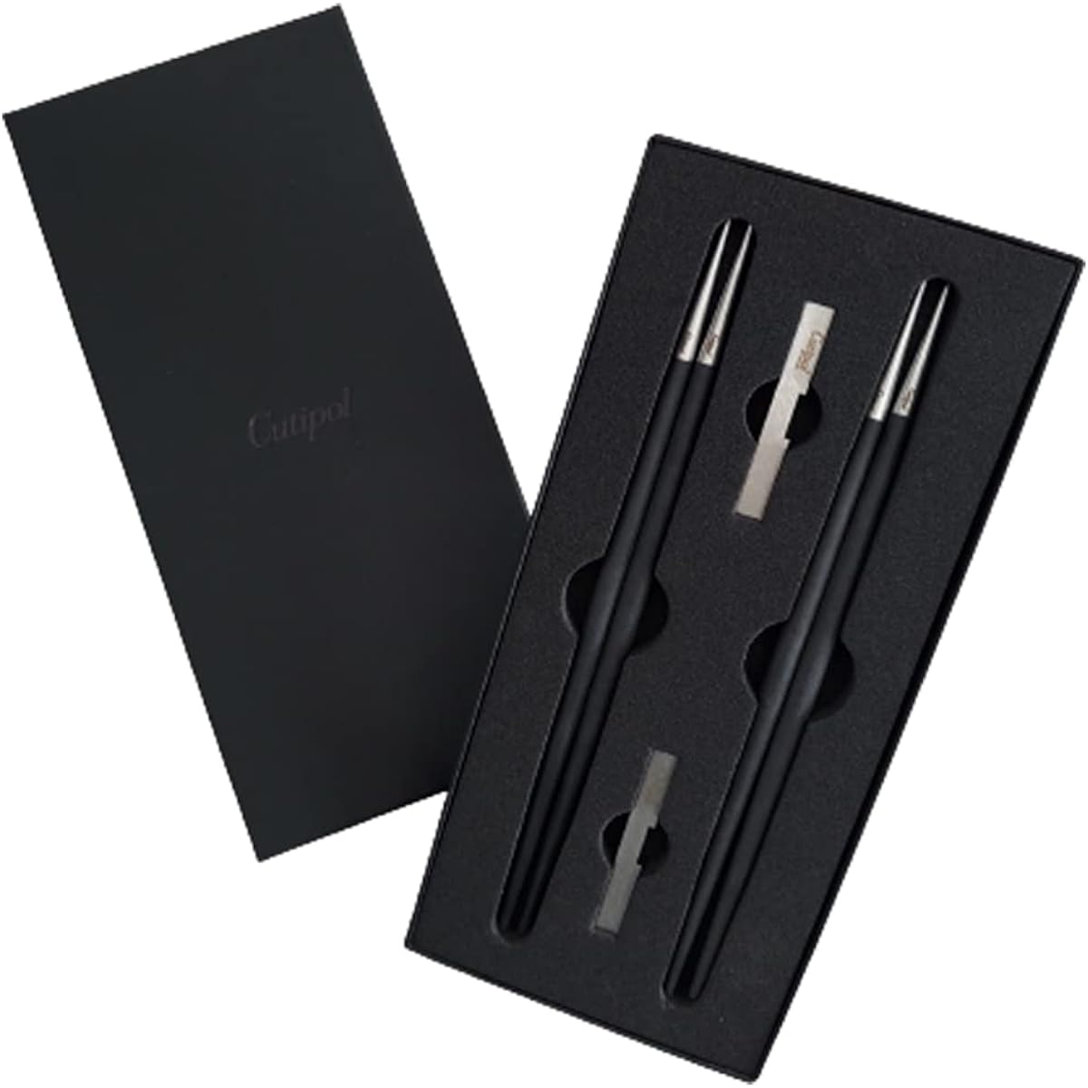 Cutipol GOA Chopsticks + Chopstick Rest Pair Gift Box (Black/Silver)