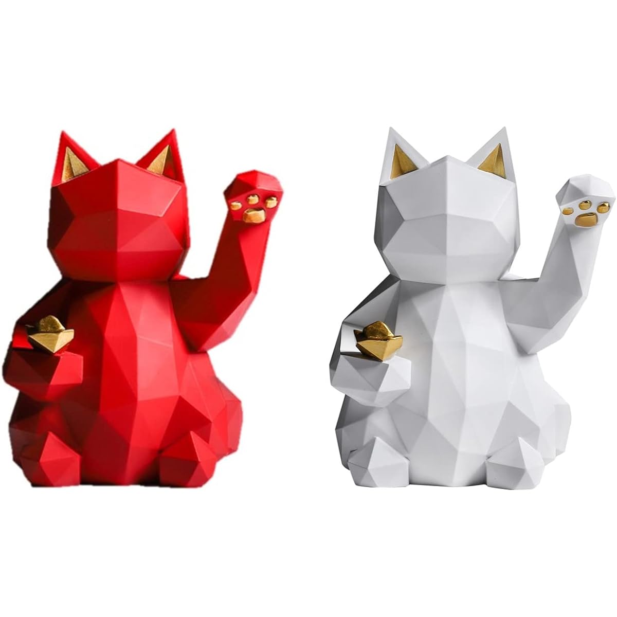 [CFT TIME] Lucky Cat Figurine Stylish Cute Scandinavian Mini Gold Luck Inviting Interior Simple Antique (Large, Red & White Set)