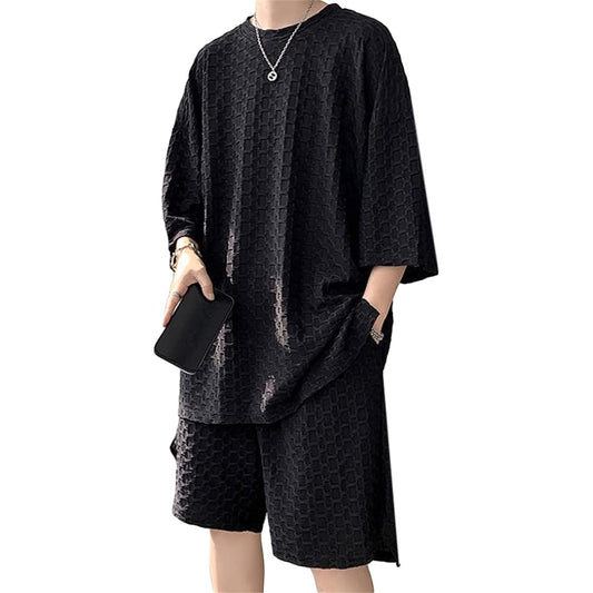 [CREAM] Men's Setup, Summer Clothes, Top and Bottom Set, 2 Piece Set, Jersey, Room Wear, Half Pants, Sportswear, T-shirt, Shorts, Sweatshirt, Short Sleeve, Loose, Stylish, Training, Loungewear, Large Size, Casual, Plaid Pattern, Plain