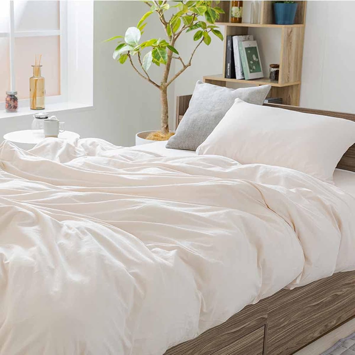 IRIS PLAZA 100% natural organic cotton bedding cover set, single, absorbs and wicks night sweat, soft natural material, machine washable, can be used all year round, 100% natural cotton, rubber all around, Ivory