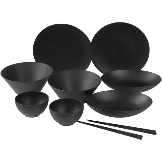 rebirth Natural Series Tableware Set, 10 Pieces B, Living Alone, Made in Japan, Plastic, Light, Dishwasher Safe, Microwave Safe (Black)