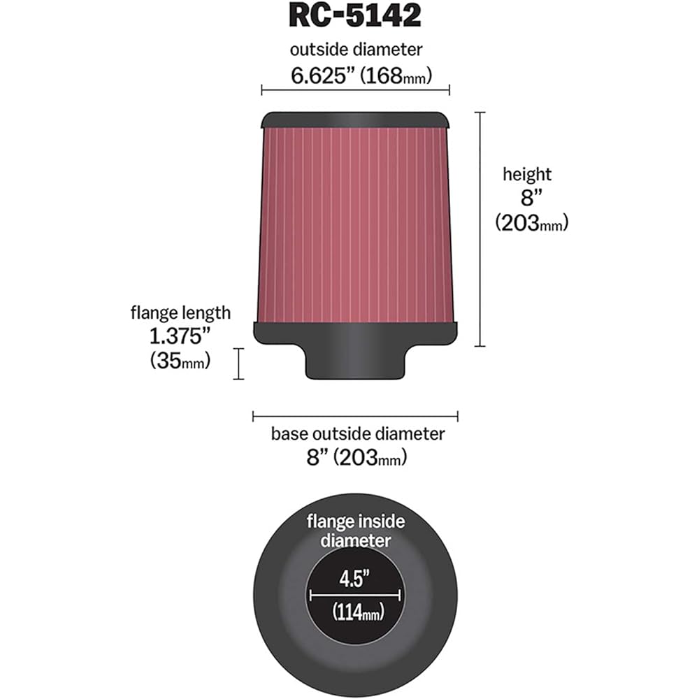 K & N Universal Clamp-on Air Filter High Sports, Premium, Washing, Exchange Filter: Flange Diameter: 4.5 inches, Filter Height: 8 inches, Flange Length: 1.375 inches, shape: Round taper, RC-5142.