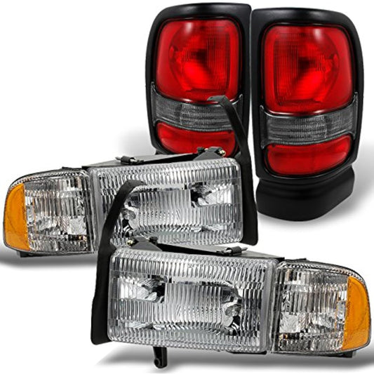 1994-2002 Dodge Lamb Headlight Corner with Light For Pair Set replacement + Red Clear Tail Light Combo Set