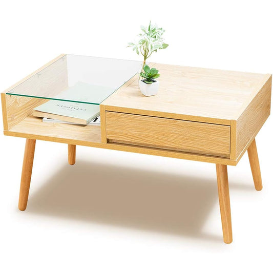 Iris Plaza Table Low Table Glass Table with Drawer Storage Width 78.7 x Depth 45 x Height 43cm Natural GLT-800