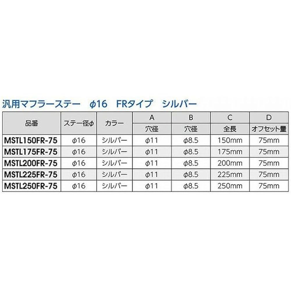 Nankai MSTL225FR-75 Universal Muffler Stay ?0.6 inches (16 mm), FR Type Silver