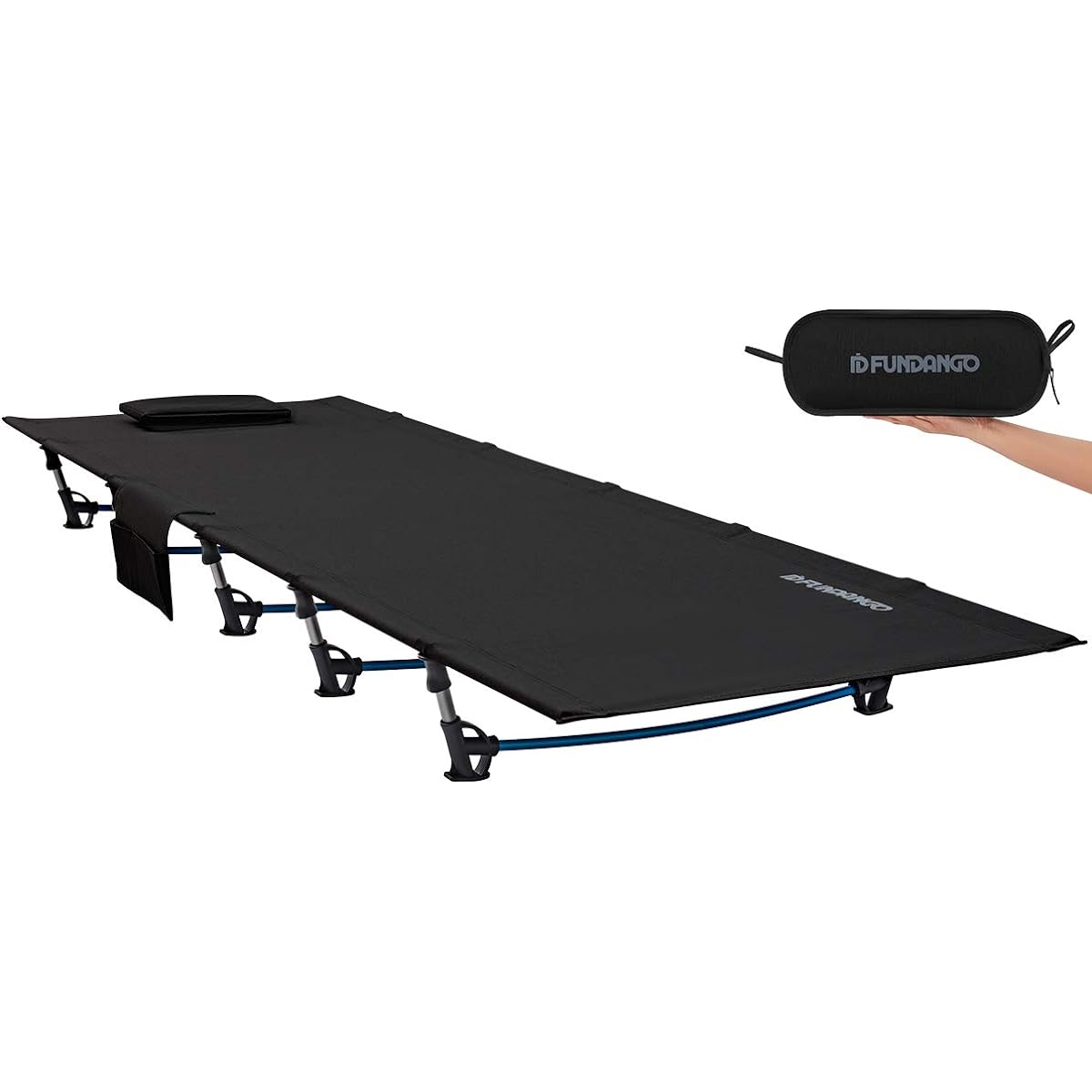 FUNDANGO Camping Cot Lightweight Outdoor Bed Foldable Compact 200x69cm Long Low Aviation Aluminum Load Capacity 120kg Simple Bed Hiking Outdoor Storage Bag Included (Black)