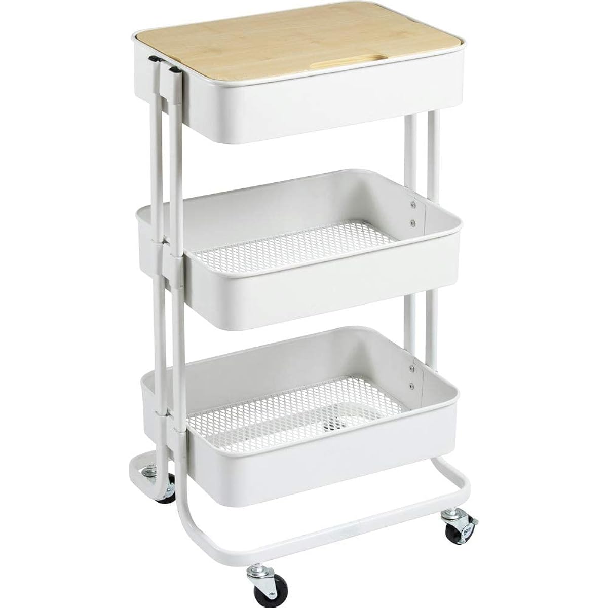 Iris Plaza Kitchen Wagon, Seasoning Rack, Basket Rack, Wood Top Type, Storage Wagon, 3 Tiers, with Casters, Width 44.5 x Depth 35 x Height 78cm, White T-KW-L002