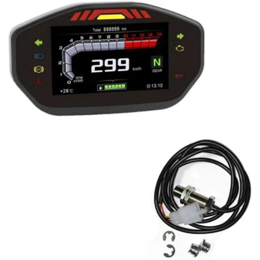 LED Indicator Odometer Fits 2 4 Cylinder Car Truck Boat Digital Motorcycle Speedometer 0-299km/h Rev Counter Odometer 14000RPM 6 Gears 24H Clock (Color : Gauge and Sensor)