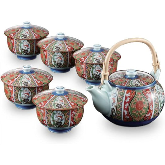 RAO3Z Ranchant Bancha Set Multi Earthen Jar 16.5x13x9.7/Cup Φ10x8cm Nishikiko Imari Arita Ware Made in Japan