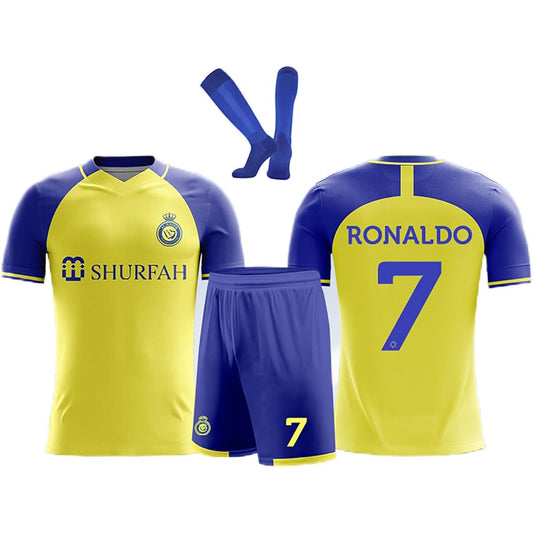 Al Nasr Soccer Uniform Ronaldo Number 7 T-Shirt Top and Bottom Set for Kids, Men, Women, Sports, Children, Adults, Students, Socks Included, Unofficial