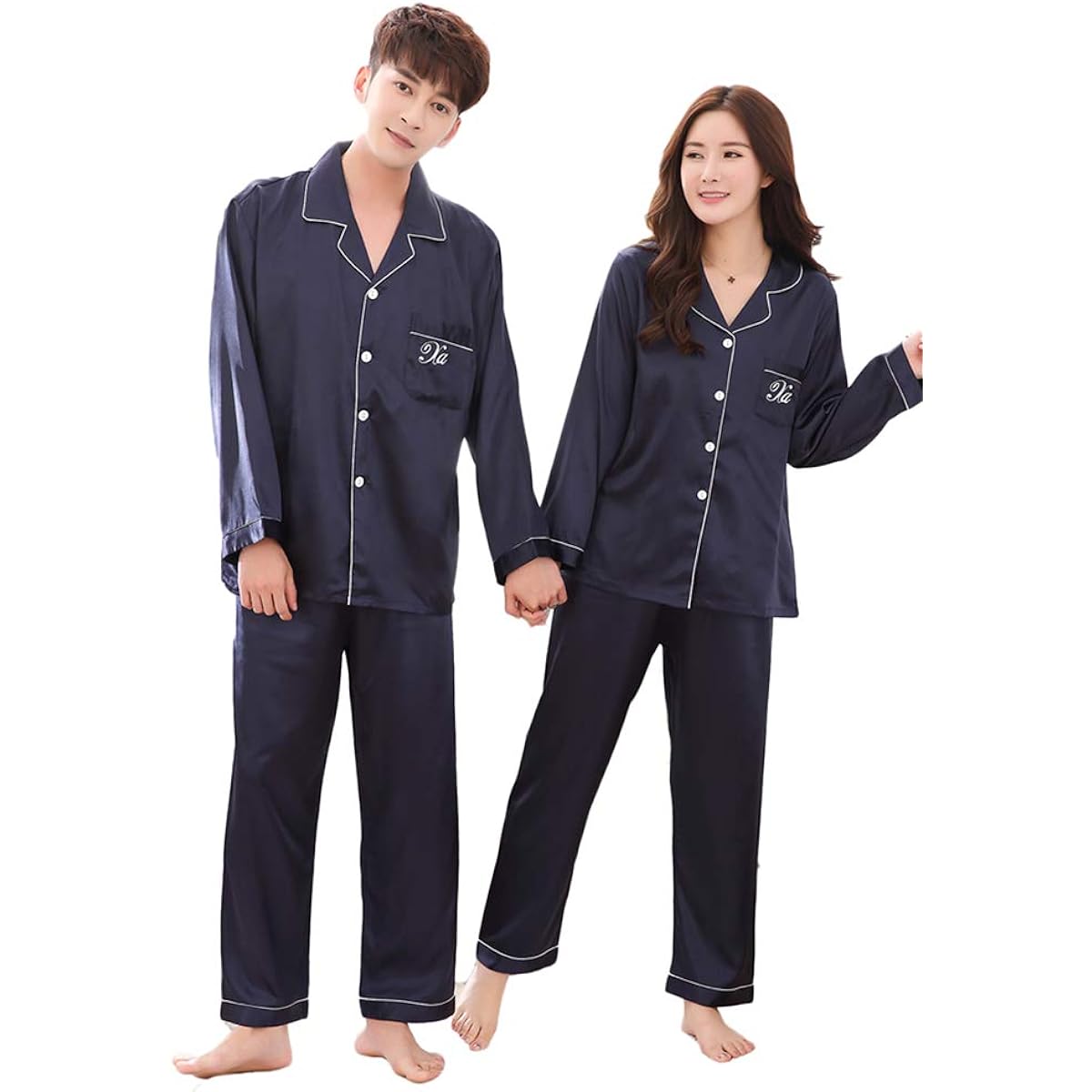 Jutaopin Synthetic Silk Pajamas Top and Bottom Set Women's Long Sleeve Pair Pajamas Summer Room Wear Men's Loungewear Pair Pajamas Mother's Day Present Gift Large Size Navy Red Green Pink Silver Camel Beige 7 Colors Available