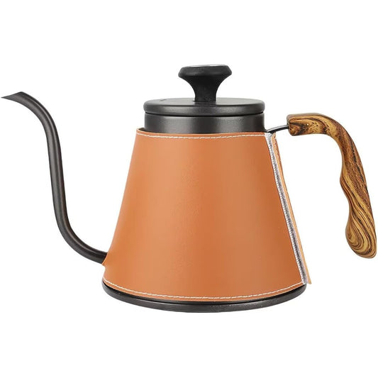 NUBAGO Coffee Kettle, Narrow Mouth, 1200ML, Coffee Pot, Drip Pot, Stainless Steel, Drip Kettle, Open Fire, IH Compatible, Camping, Kettle, Leather Cover, Thermometer Included, Kettle, Stylish, Coffee Drip Pot, with Lid, For 4 People, Bottom Diameter 14.3