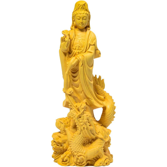 Hanro Art Sculpture, Buddha Statue, Kannon Statue, Ryujo Kannon, Ryu Kannon, Ornament, Wood Carving, Buddhist Altar Buddha Statue, Pray, Warm Off, Tsuge Tree (Height 17cm x Width 6.5cm x Depth 6cm)