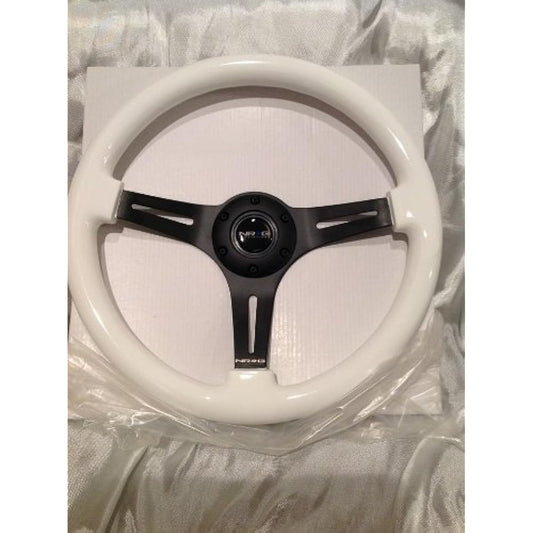 NRG Innovations Glow in the Dark White Wooden Wheel, 350 mm, 3 Spokes Center in Black