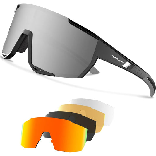 [HAAYOT] Polarized Baseball Sunglasses Men Women Cycling Glasses MTB Glasses Sports Sunglasses with 5 Lenses UV400 Protection Lightweight Eyewear for Fishing Driving Running Black Frame & Silver Lens