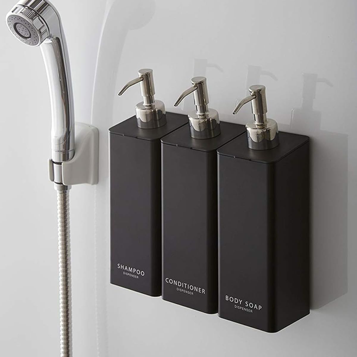 Yamazaki Jitsugyo Magnetic Two-Way Dispenser Tower [Set of 3] Magnetic Refill Bottle Shampoo Conditioner Body Soap Black 4259 4261 4263