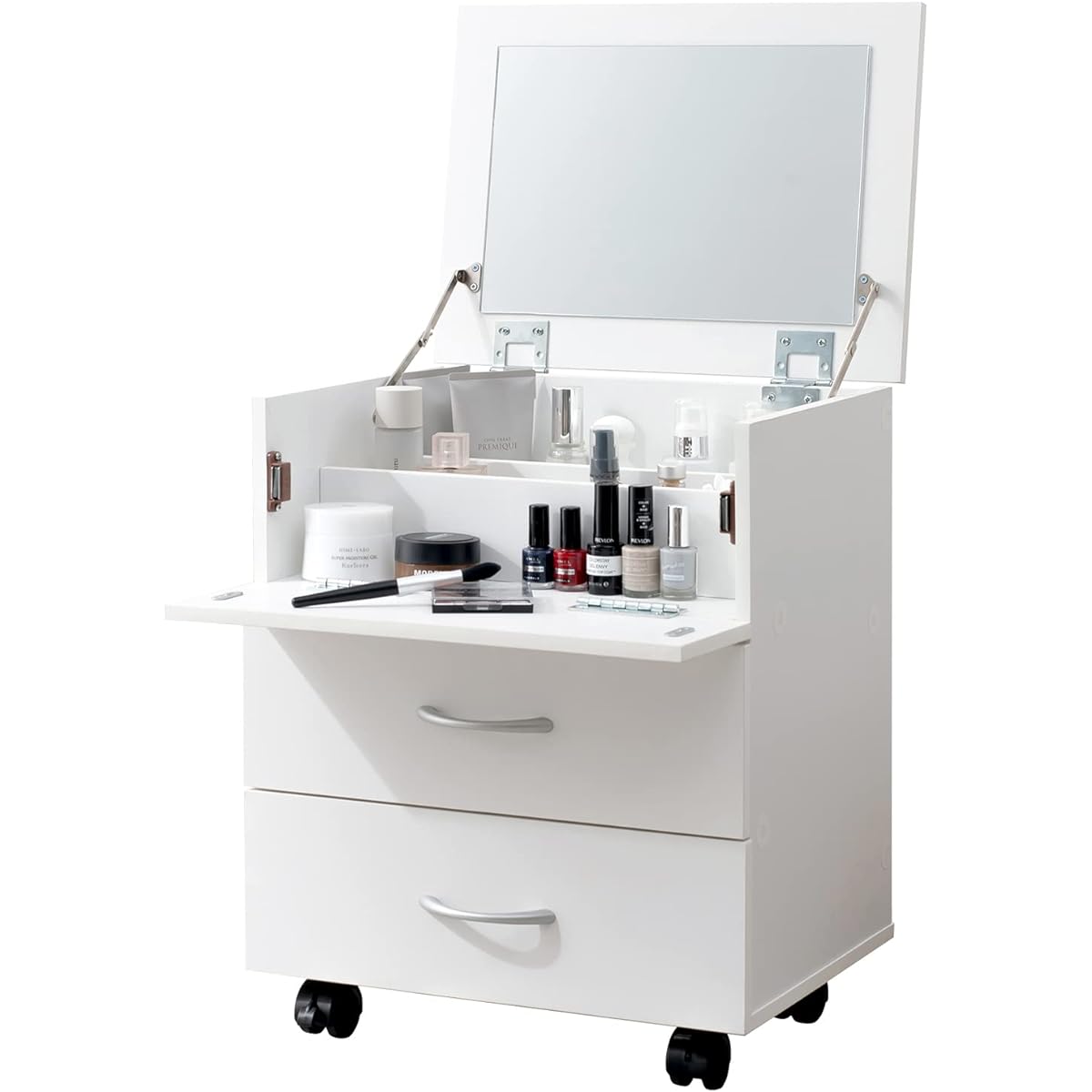 Hagihara Dresser Vanity Cosmetic Wagon with Casters Mirror Storage Compact Width 45 x Depth 31 x Height 82 cm White White RUD-1830WH