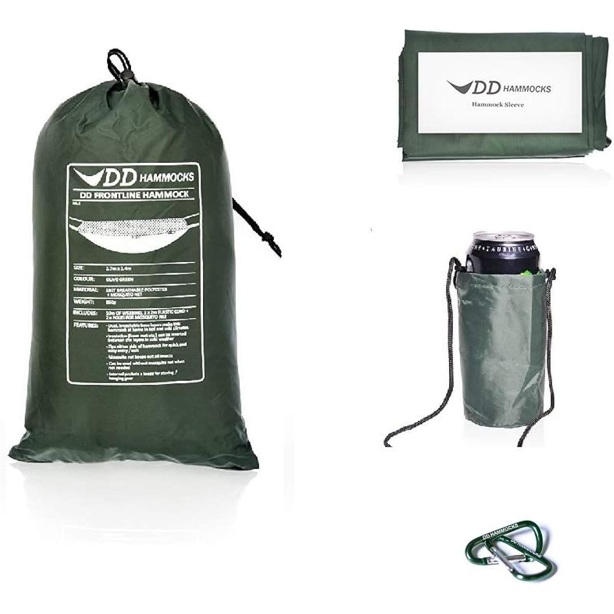 DD Frontline Hammock Frontline Hammock 3 Piece Set DD Frontline Hammock & Hammock Sleeve Hammock Sleeve & Beer Holder + 2 Mini Karabiners (Olive green) [Parallel Import]