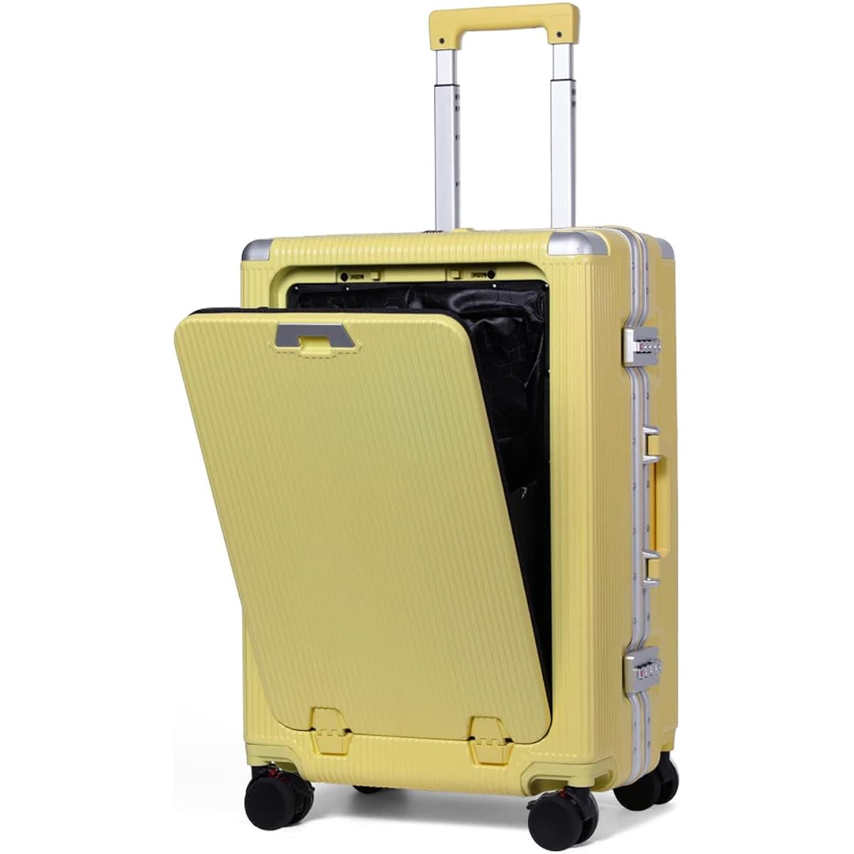 [PROEVO] Suitcase Frame Carry Front Pocket Checked Baggage S M Quiet Double Casters 8 Wheels Large Capacity Lightweight Aluminum Frame TSA Lock Carry Case Carry Bag (Margarine Yellow/M)