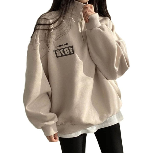 [MIRA MARIV] Made in Korea and imported directly from Korea 1978 Embroidery Half Zip Long Sleeve Oversized Sweatshirt Women's Sweatshirt Fleece Lined Top Casual Loose Stylish Winter Large Size Body Cover