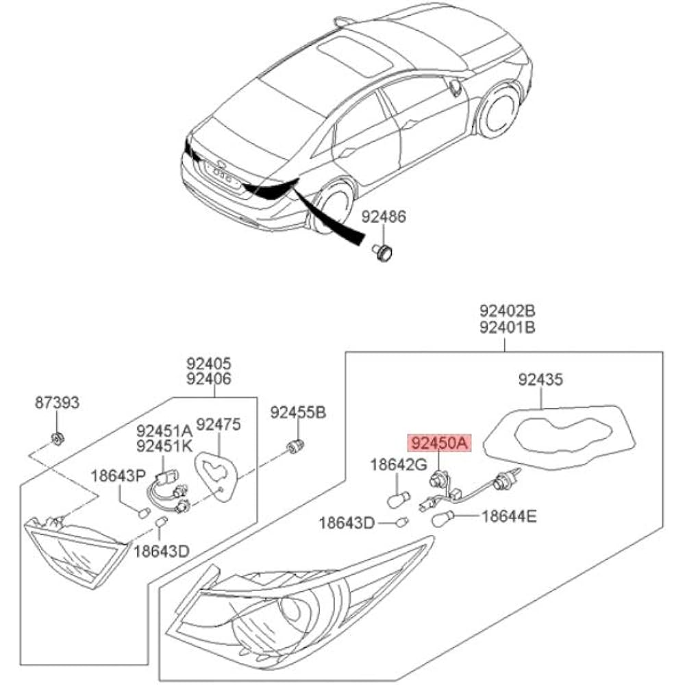 Genuine Hyundai 92450-3Q000 Tail Lamp Holder and Wiring, exterior, rear part