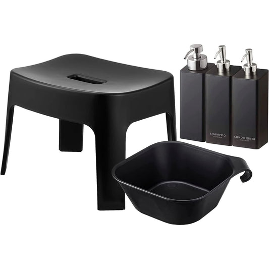 Yamazaki Jitsugyo Magnetic Bath Chair Seat Height 25cm + Magnet & Hanging Bathtub + Magnetic Dispenser Bottle Set of 3 Foam Type & Normal Type [Set of 5] Tower Black 6926 5379 5211 4259 4261