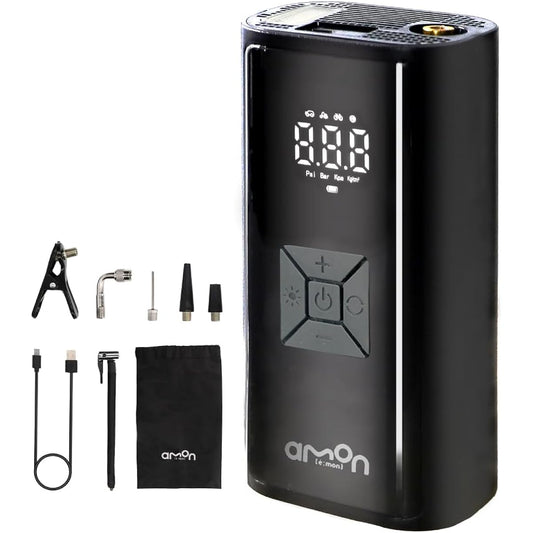 Amon Electric Air Pump, Compact Air Pump for Cars/Motorcycles/Bicycles, L-Type Extension for Motorcycles, Adapter for City Cycles/Mom's Chari, Comes with Light, Initial Air Pressure Settings for Each Mode, Automatic Stop Features USB-C charging 4822