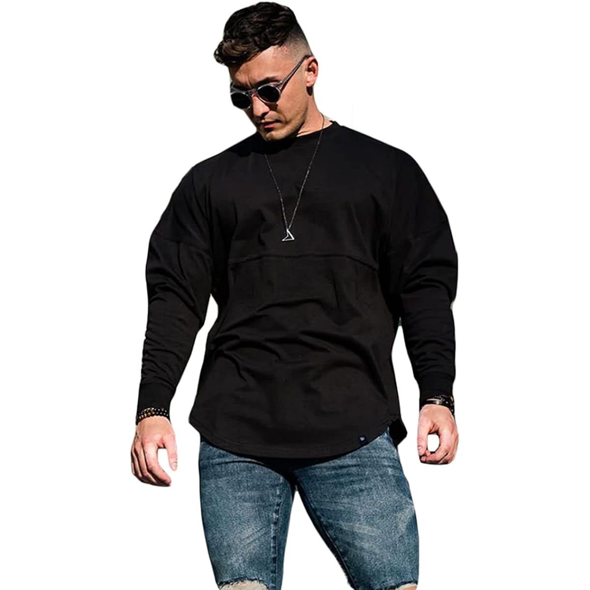 [Manatsulife] Men's Long Sleeve T-Shirt Pullover Round Neck Oversized Alphabet Training Wear Fitness Sports Muscle Training Gym Sweat Stylish Spring Autumn Winter WY86