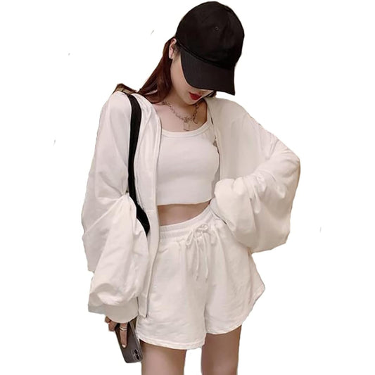 [Yejocely] 3-piece jersey top and bottom set, active wear, zip-up hoodie, camisole, shorts, women's, spring, summer, loungewear, loungewear, with pockets, Korean fashion, simple