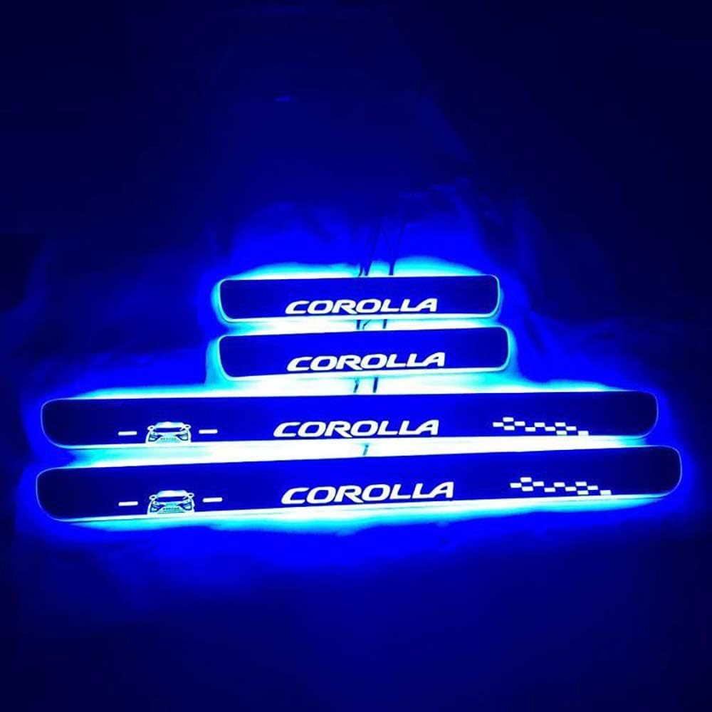 Corolla Scuff Plate, Kicking Step Garnish, LED Flowing Acrylic, Door Step Plate, LED Light Emitting Possible! Full Set of 4 Toyota Interior Parts (Corolla Blue, Horizontal Lines)