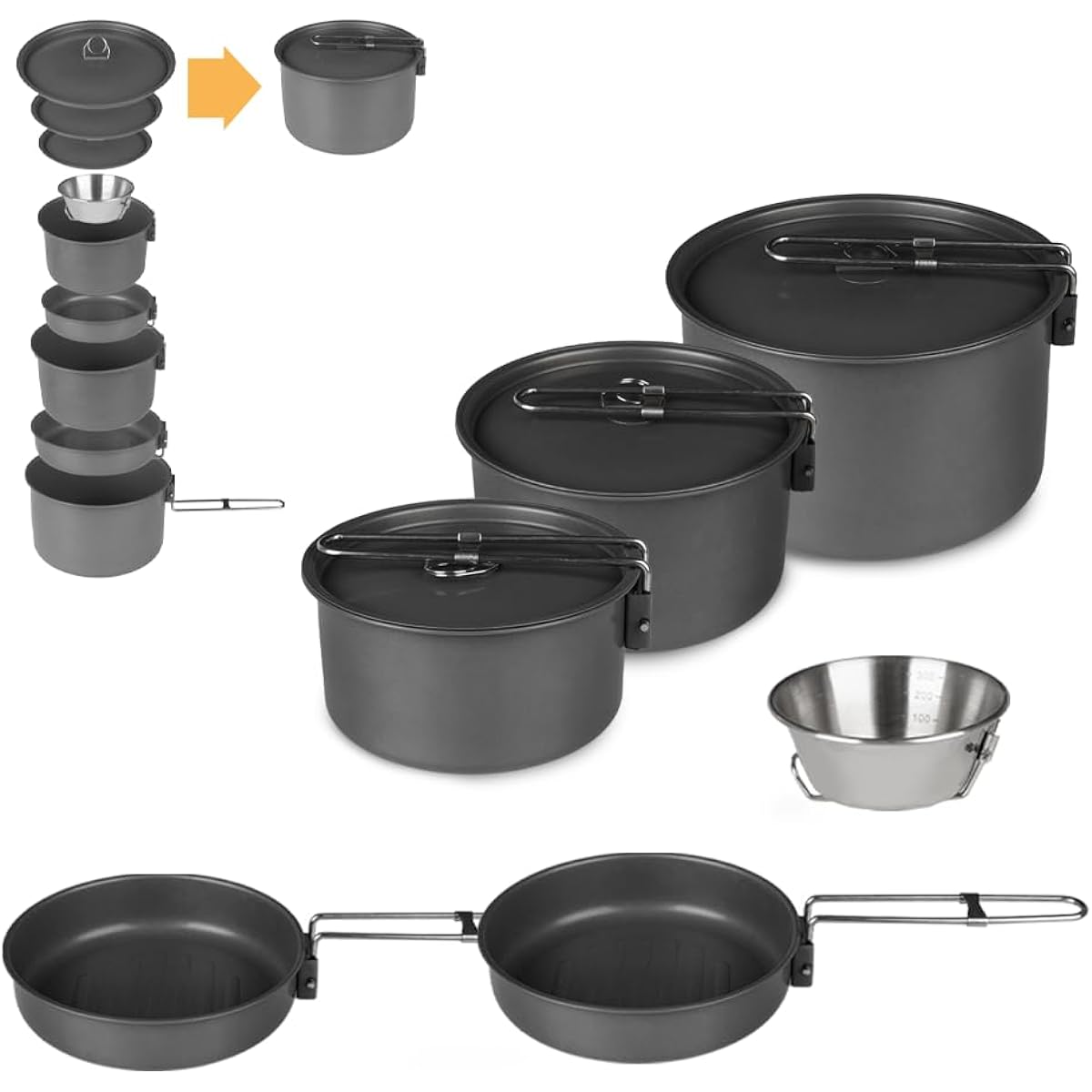 Outdoor Cooker Set, 6 Pieces, Camping Cooker Set, Camping Pot, Sierra Cup, Cookware Set, Stainless Steel, Foldable, Compact, Camping Equipment, Gray