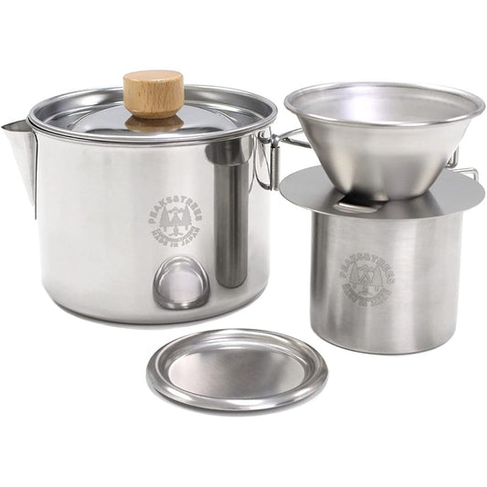 PEAKS&TREES 1L Kettle Cooker & Coffee Dripper Set with Double Wall Mug Stainless Steel Kettle Open Fire Outdoor Camping Made in Japan Tsubame Sanjo Drip Coffee Cup Cooking Utensil Peaks & Trees