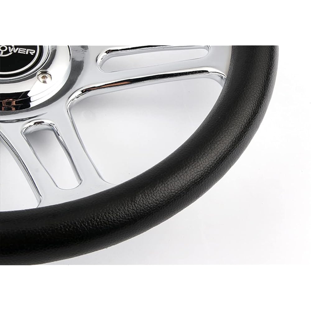 W-POWER 14 inch universal 350mm 6 bolt holes Vintage style aluminum polishing special black leather grip handle, black horn button, chrome 4 spokes