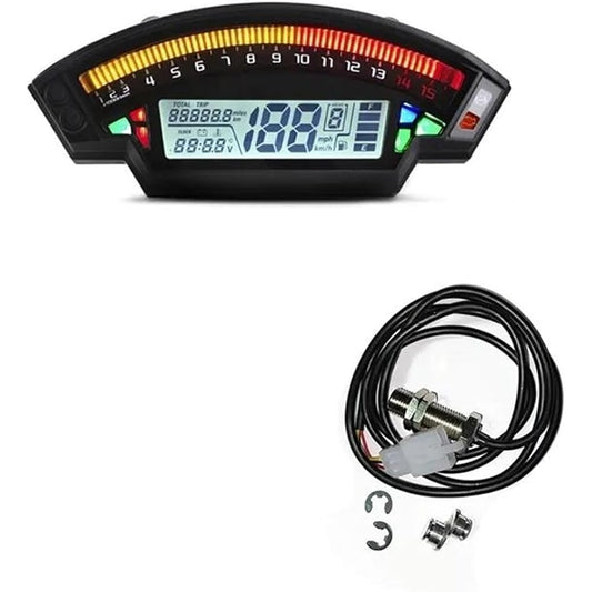 LED Indicator Odometer Fits 1 2 4 Cylinder Engine 199km/h Speedometer LCD Digital Dashboard Odometer 6 Gear Motorcycle 15000RPM Rev Counter (Color : Gauge and Sensor)