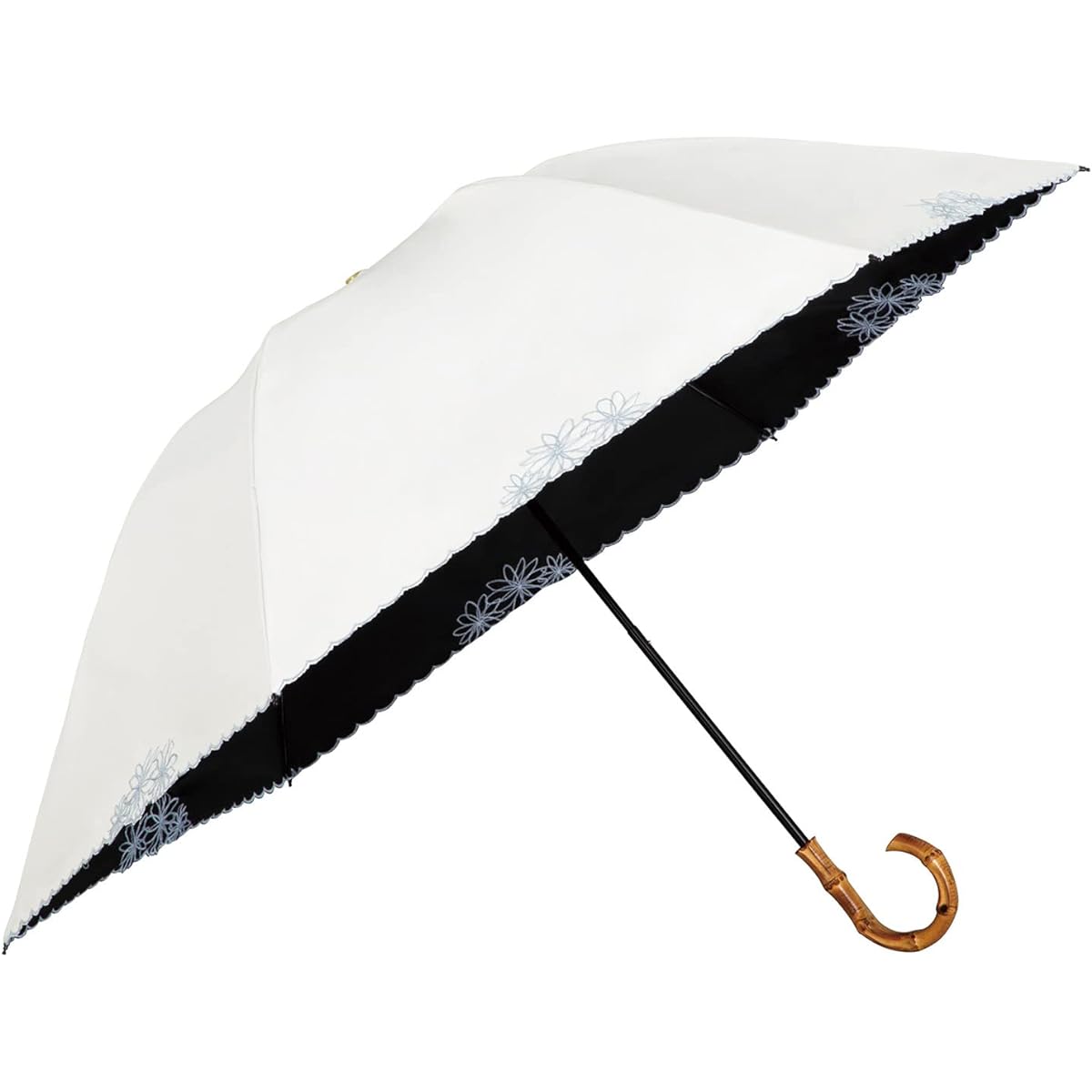 [2024] Wpc. Strongest Parasol UVO Folding Umbrella/3 Tier Embroidered Flower Off [Blackout UV Protection 100% UPF50+ Heat Shielding For Both Sunny and Rainy Days] Main Rib 55cm Large Ladies Bamboo Handle Stylish Cute Simple Elegant Adult Commuting to Wor