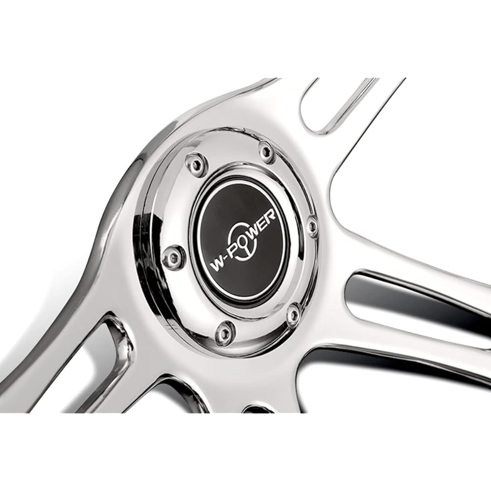W-POWER 14 inch universal 350mm 6 bolt holes Vintage style aluminum polishing special black leather grip handle, black horn button, chrome 4 spokes
