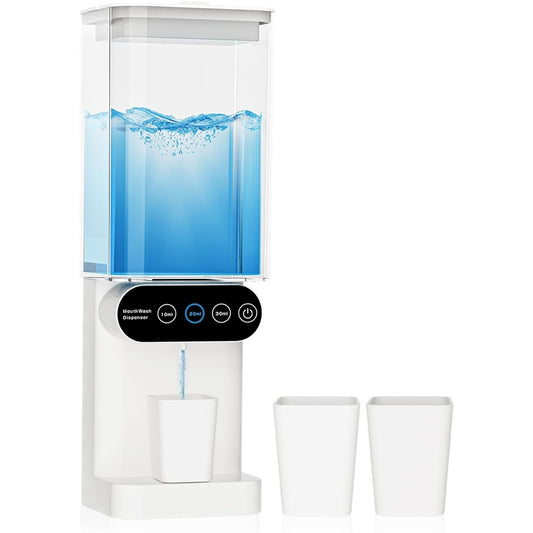 ISOJI Liquid Dispenser Mouthwash Dispenser Automatic Sensitive Wall Mounted 3 Levels Adjustable [10ml/20ml/30ml] Bad Breath Freshener Dispenser 700ml Large Capacity Mouthwash Dispenser with Magnetic Suction Cup Touch Button Dispenser White