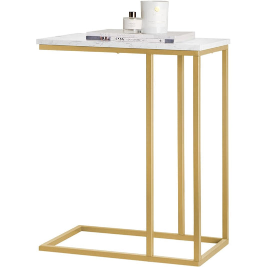 SoBuy Side Table, Stylish Night Table, Bedside Table, Slim, Marble Style, Width 48 x Depth 30 x Height 60 cm, Metal Color, U-shaped Mini Table, Working from Home, Living Alone, Computer Desk (FBT87-G/Gold)