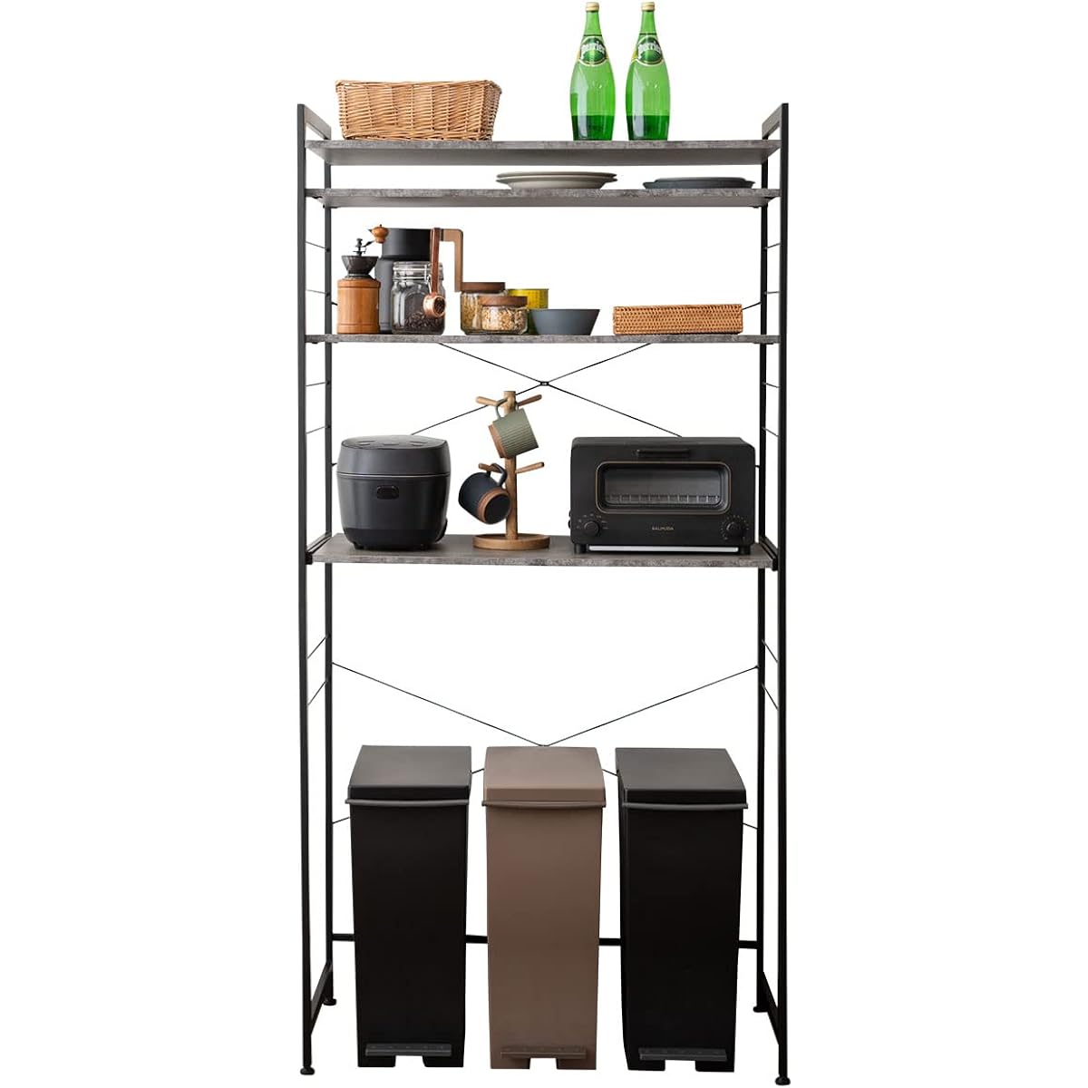 Emur Kitchen Rack, Trash Can Top Rack, Range Stand, Width 90, Slim Kitchen Storage Shelf, Range Board, 4 Tiers, Can Hold Trash Can, HEIM Stone Gray