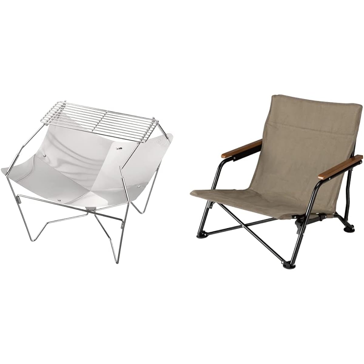 BUNDOK Bonfire Stand Lotus + (Lotus Plus) BD-467 With Net Stainless Steel Storage Case Included Compact Silver & Bonfire Chair BD-111 Solo Cotton Compact Storage Khaki [Set Purchase]