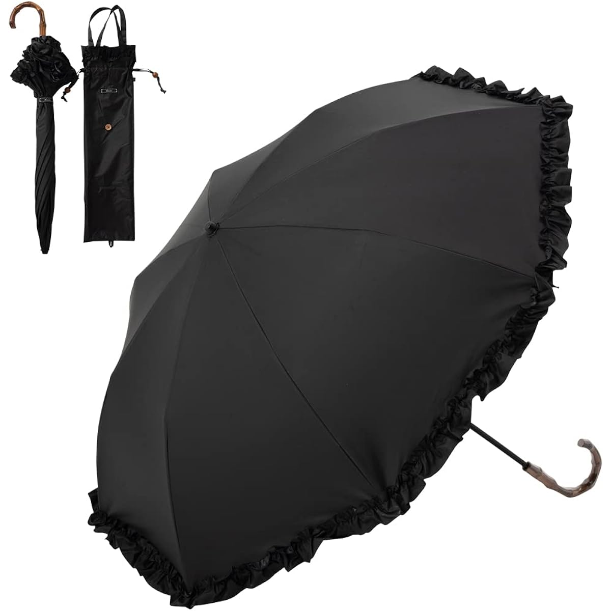 [Lu&Sea] Parasol, UV Protection, Light Blocking, 100% Folding Umbrella, ALUCOOL Frel, UV Protection, For Sunny or Rainy Days, Frill Folding Umbrella, Women's, Large, Super Water Repellent, Completely Blackout, Heat Shielding, 8 Ribs, Bamboo Handle, Compa