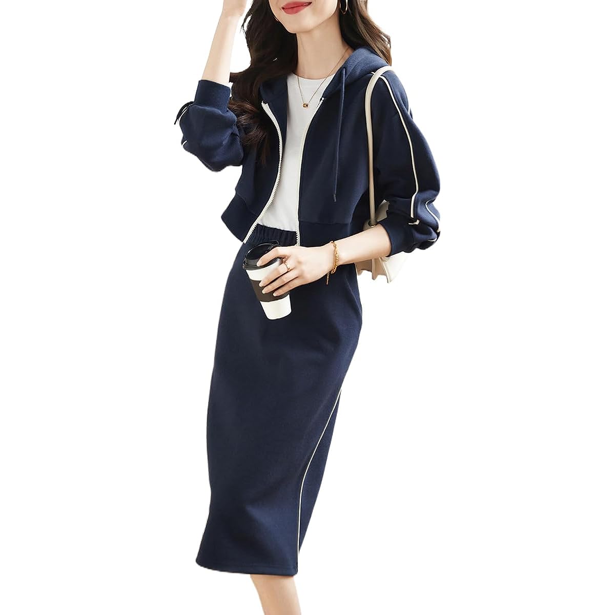 [Sayla] Parka, Long Skirt, Top and Bottom 2 Piece Set, Women's Setup, Autumn, Winter, Spring, Medium Length, Slit Skirt, Elastic Waist Sweatshirt, Beautiful, Stylish, Adults, Casual