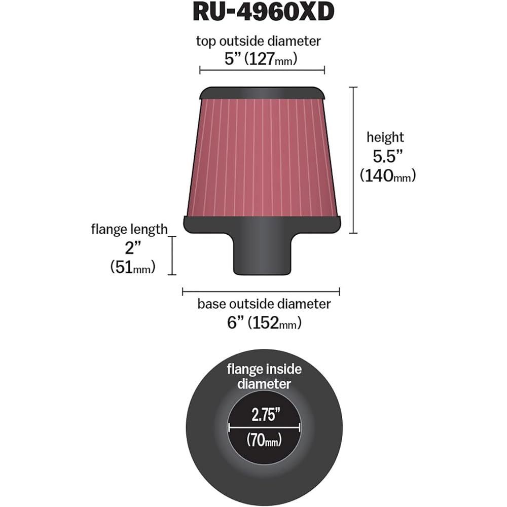K & N Universal Clamp-on Air Filter: High performance, premium, washing, replacement filter: Flange diameter: 2.75 inches, filter height: 5.5 inches, 2 inch lengths, shape: Round tapered, RU-4960XD
