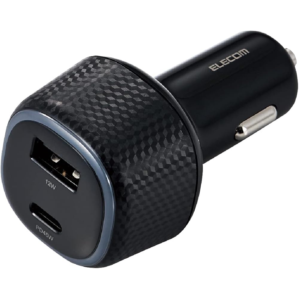 ELECOM Cigarette Socket USB PD Compatible 45W 2 Ports USB-C USB-A 12V 24V Compatible [Macbook iPad iPhone Android 45W Rechargeable Laptop] Black EC-DC10BK