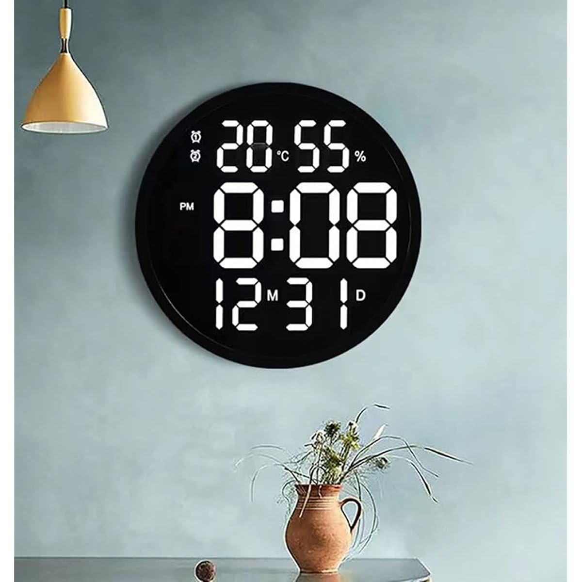 YANGLIU LED Wall Clock, Thermometer and Hygrometer, Automatic Sensing Night Light, Luminous Digital, Quiet, with Remote Control, Wall Clock, Energy Saving, Lighting, Multifunctional, for Bedroom/Living Room/Bathroom (Black)