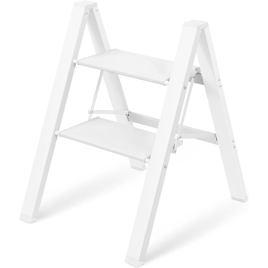 TITIROBA Stepladder, 2 Tiers, Folding Stepstool, Aluminum Step Stool, Lightweight, Non-slip, Easy to Carry, Load Capacity 150KG, Multifunctional, For Home Use, Office Use, Stylish, White
