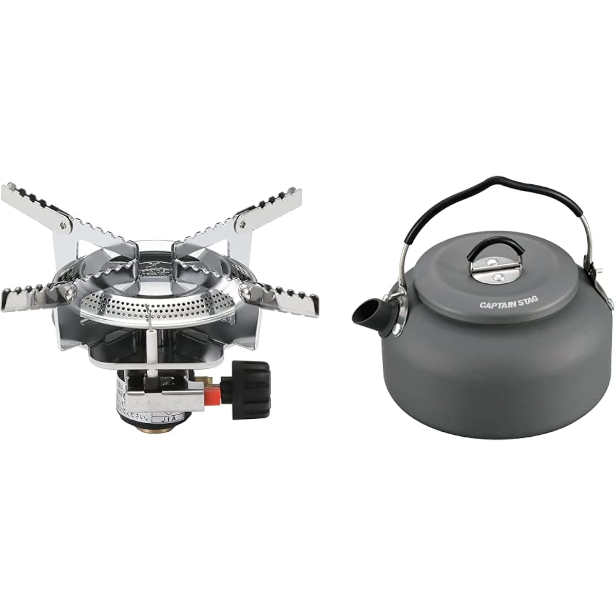 Captain Stag Auric Small Gas Burner Stove (with Case) M-7900 & Camping Barbecue Kettle Aluminum Camping Kettle [Set Purchase]