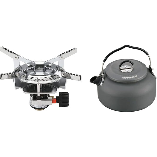 Captain Stag Auric Small Gas Burner Stove (with Case) M-7900 & Camping Barbecue Kettle Aluminum Camping Kettle [Set Purchase]